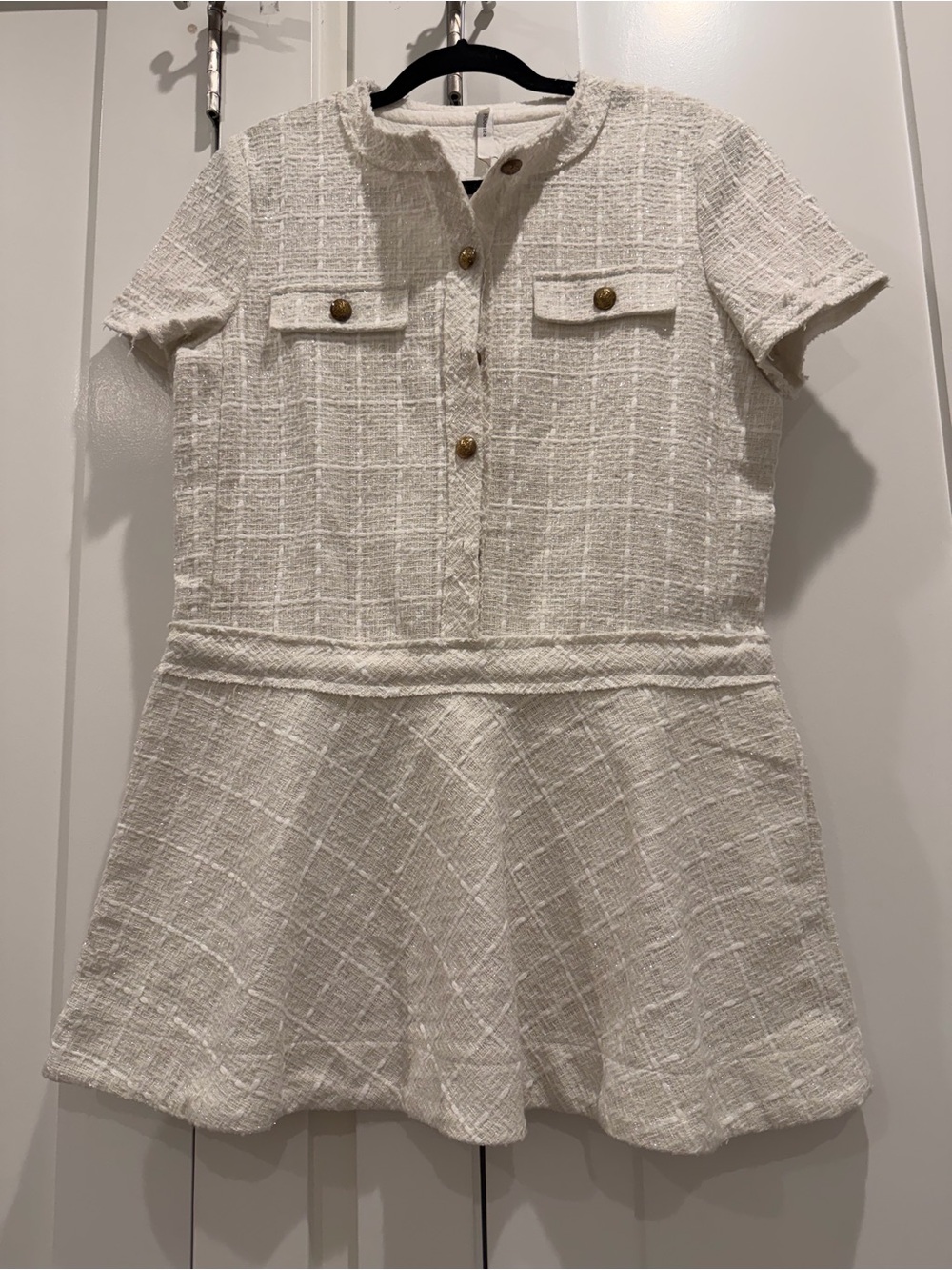 Moonsea Women’s White Tweed Mini Dress Size L Gold Buttons Short Sleeve NWT
